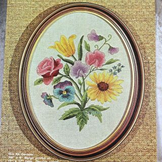 Elsa Williams Floral Bouquet Motif 2 Vintage Crewel Embroidery Kit Tulip Rose