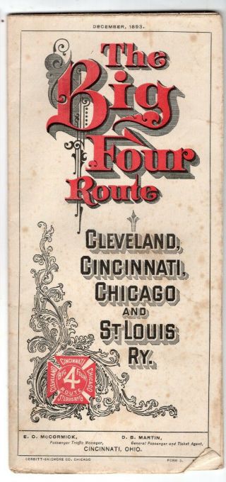 1893 Cleveland,  Cincinnati,  Chicago & St Louis Railroad Time Table