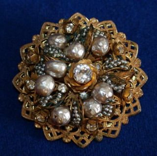 Huge Vintage Signed Miriam Haskell Gold Tone Multi - Stone Pin Brooch