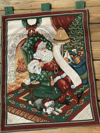 Vintage Christmas Santa Claus Checking His List Detailed Tapestry Wall Hanging 2