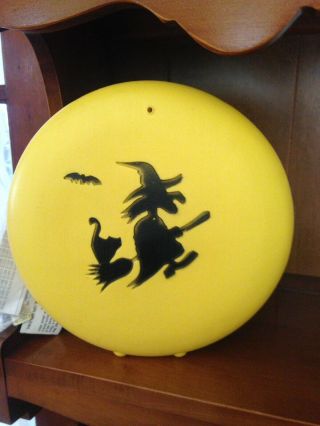 Vintage Halloween Blow Mold Witch On Broom Bat & Black Cat Silhouette Sunhill