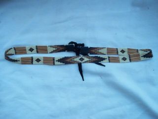 Vintage Handmade Native American Seed Bead Leather Tie Hat Band
