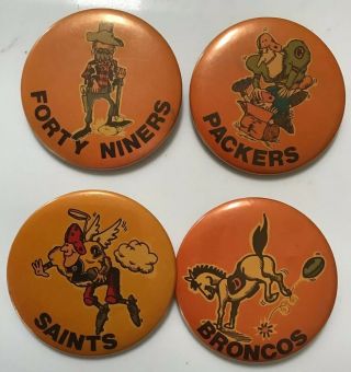 4 Vintage Nfl 1972 Packers 49ers Saints Broncos Buttons Say It With Buttons