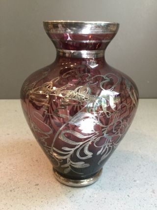 Antique Vtg Hand Painted Silver Overlay Purple Amethyst Art Glass Vase 5 "