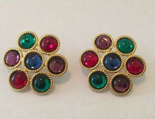 Vintage Signed Napier Gold Tone Multi Color Stones Large Clip On Earrings