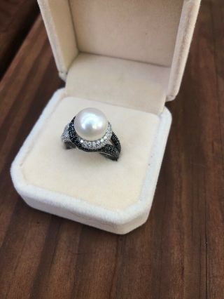 Vintage Pearl Black/white Cubic Zirconia Sterling Silver Ring Size 7