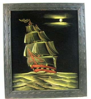 Vintage L.  Mendez Black Velvet Mexico Sailing Ship Framed Painting 25 " X 21 "