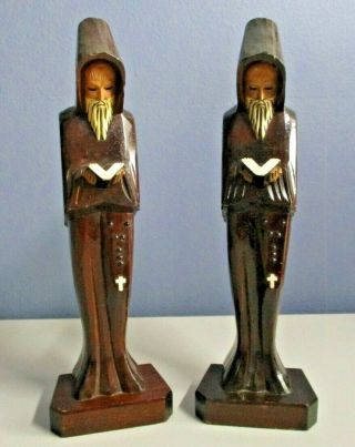 Monk Religious Statues Set Of 2 Vintage Hand Carved & Painted 12 "