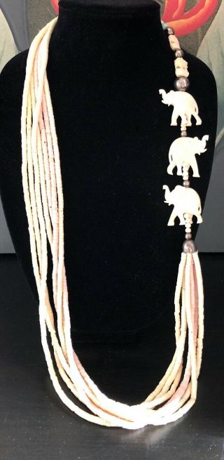 Vintage Bovine Bone 7 Strand Necklace With Silver Beads And Craft Elephants