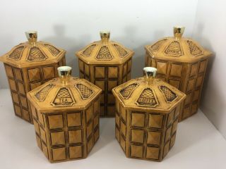 Set Of 5 Vintage Treasure Craft Midcentury Modern Ceramic Kitchen Cannisters