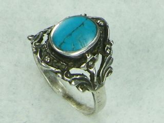 Vintage.  925 Sterling Silver Turquoise Ring Art Deco Floral 3.  7gr Size 8
