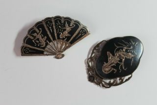 Vintage Siam Sterling Silver Niello Pins Fan And Oval