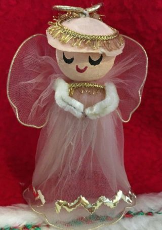 Vintage 3.  5 " Pink Mesh Angel Gold Trim Christmas Tree Ornament