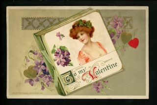 Novelty Vintage Open Booklet Postcards Valentines Day Winsch 1912 Woman Flowers