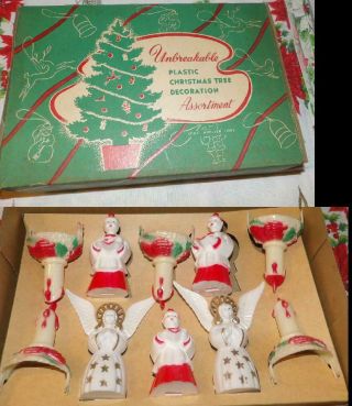 Rare Vtg 50s Plastic Xmas Tree Ornaments Box Angel Candle Choirboy Nos Deadstock