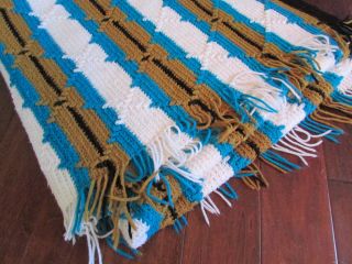 Vtg Handmade Blue Brown Crochet Thick Knit Afghan Throw Blanket Quilt 50 " X 100 "