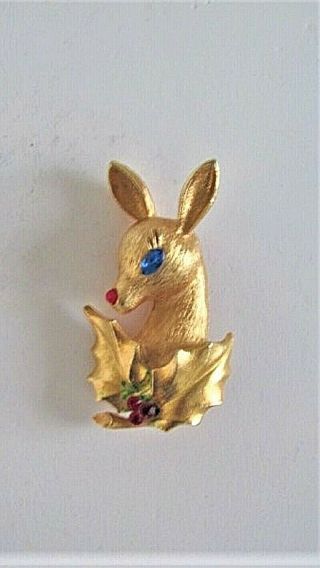 Vtg Gold Tone Metal Rudolph Red Nosed Reindeer Christmas Pin Brooch Signed Mylu