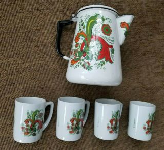 Vtg Swedish Berggren Floral Folk Art Enamelware Coffee Pot 4 Mugs Cups Tea Cocoa