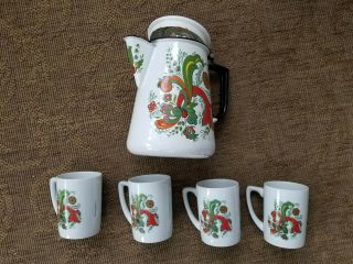 vtg Swedish Berggren Floral Folk Art Enamelware Coffee Pot 4 mugs cups TEA cocoa 2