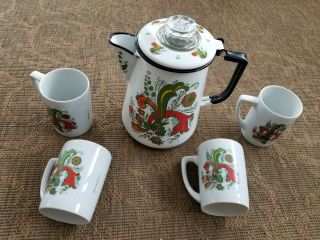 vtg Swedish Berggren Floral Folk Art Enamelware Coffee Pot 4 mugs cups TEA cocoa 3
