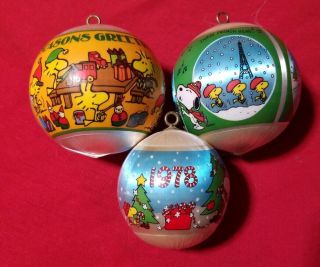 3 Snoopy Peanuts Woodstock Hallmark Vintage Satin Balls Christmas Ornaments 1978