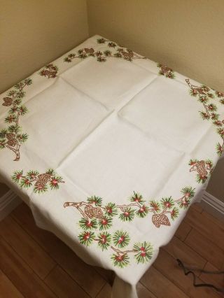Vintage Christmas Linen Table Cloth Hand Embroidered Pine 1950 