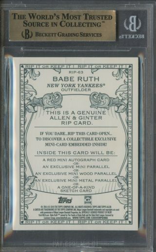 2018 Topps Allen & Ginter Babe Ruth HOF 4/75 Unripped Rip Card BGS 9.  5 2