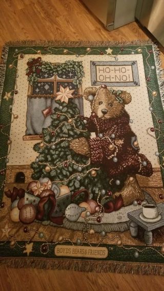 Vintage Boyds Bears Large Christmas Tapestry Throw Blanket Afghan Lap Quilt