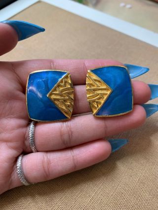 Vintage Edgar Berebi Costume Gold Tone Blue Enamel 80s Pierced Earrings