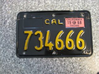 1963 Black California Motorcycle License Plate,  1968 Validation,  Dmv Clear,  Vg