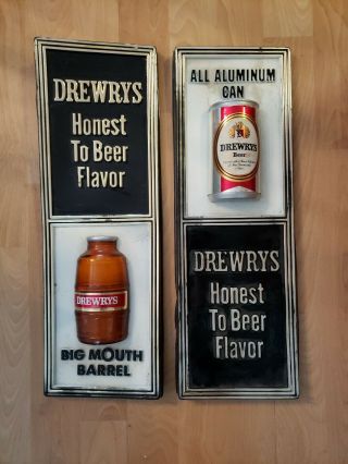 2 Vintage Drewrys Beer Signs South Bend Indiana All Aluminum Can & Big Mouth