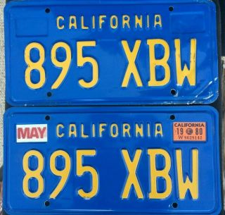 California License Plates 895 Xbw 1980 Pair Year Of Manufacture Dmv Clear Set