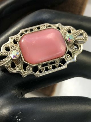 Art Noveau Vintage Pink Stone Ab Rhinestone Filigree Silvertone Brooch Pin