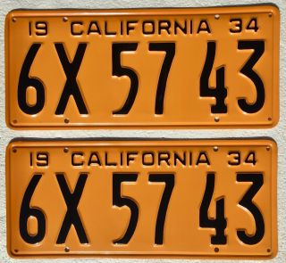 1934 California License Plates Pair,  Dmv Clear,  Professionally Restored