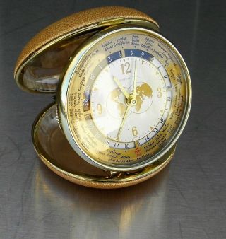 Vintage Westclox Worldmtime Travel Clock 44115 Pigskin Tan