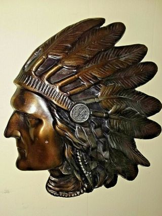 Lg Vintage Cast Bronze / Brass Indian Head Chief Native American Wall Plaque