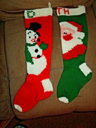 Vintage Pair Christmas Stockings Set Of 2 Hand Knit,  Santa & Snowman 22 "