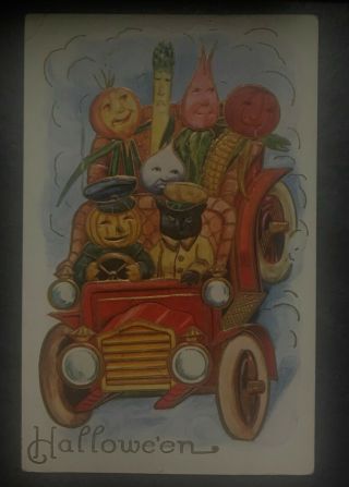 Vintage Halloween Postcard A Halloween Car With A Black Cat And Vegetables
