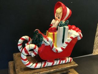 Vtg Lefton Christmas Shopper Girl In Gift Filled Sleigh Figurine 1950s