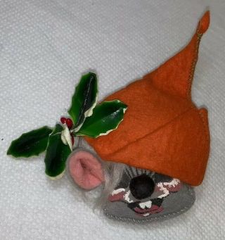 Vtg Annalee Mobilitee Christmas Mouse Head Doll Ornament In Orange Hat Cap
