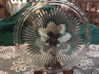 Vintage Pressed Glass Clear Cake Plate/footed Low Rise Close To Table/sunburst