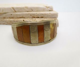 Vintage Handcrafted Mixed Metal Silver Copper Brass Embossed Cuff Bracelet Z33