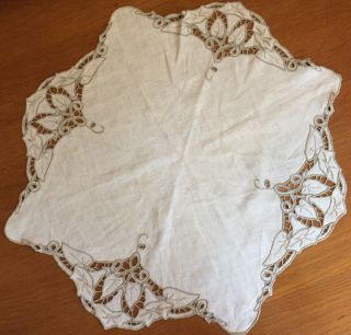 Vintage Linen Cutwork Embroidered Table Topper Doily Dresser Scarf Tan Taupe.