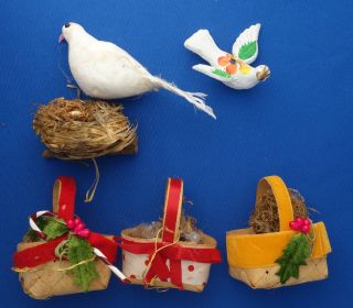 Vintage White Dove And Bird Nest & Baskets Christmas Ornaments