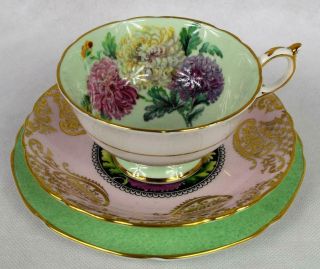 C1950s Vintage Chrysanthemum Flower Paragon Cabinet Cup & Saucer Trio Gold Gilt