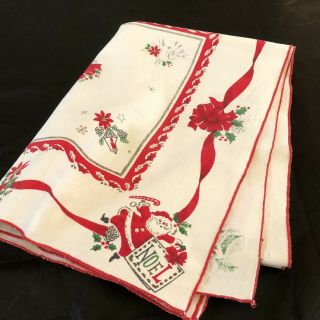 Vintage Linen Christmas Tablecloth Santa Ribbons Bells Table Runner 46” X 16” A2