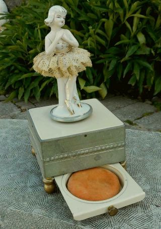 Vintage Turning Dancing Porcelain Ballerina Metal Music Box With Drawer & Puff
