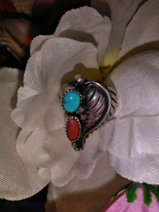 Authentic Vintage Native American Hand Crafted Turquoise And Coral Ring Size 7