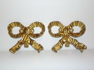 Set 2 Vintage Brass Gold Metal Bow Wall Hanger Hook Victorian Style Rack Ribbon