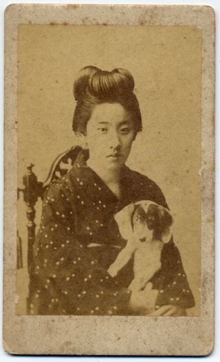 12101 Japanese Vintage Photo / 1890s Portrait Of Geisha Girl With Dog W Japan